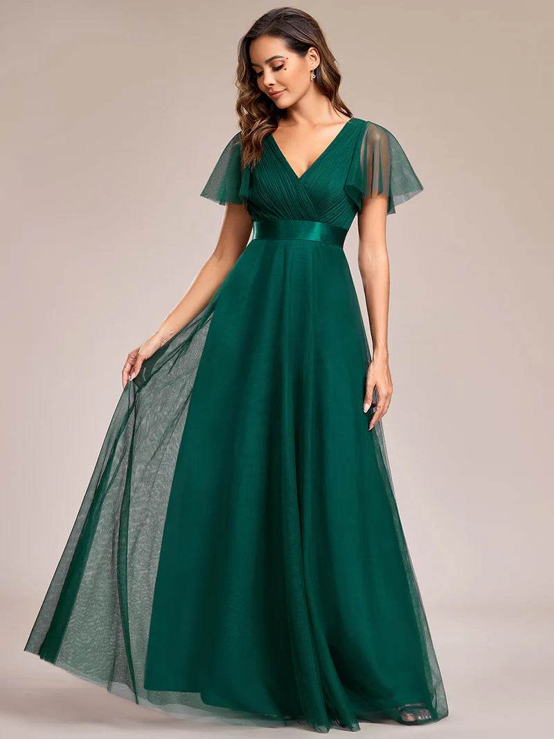 Elegant V-Neck A-Line Bridesmaid Dress – Floor-Length Gown - Biamonde